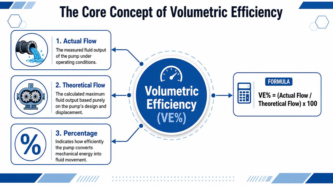 A diagram explaining the concept of volumetric efficiency showing actual flow, theoretical flow, and the calculation formula.