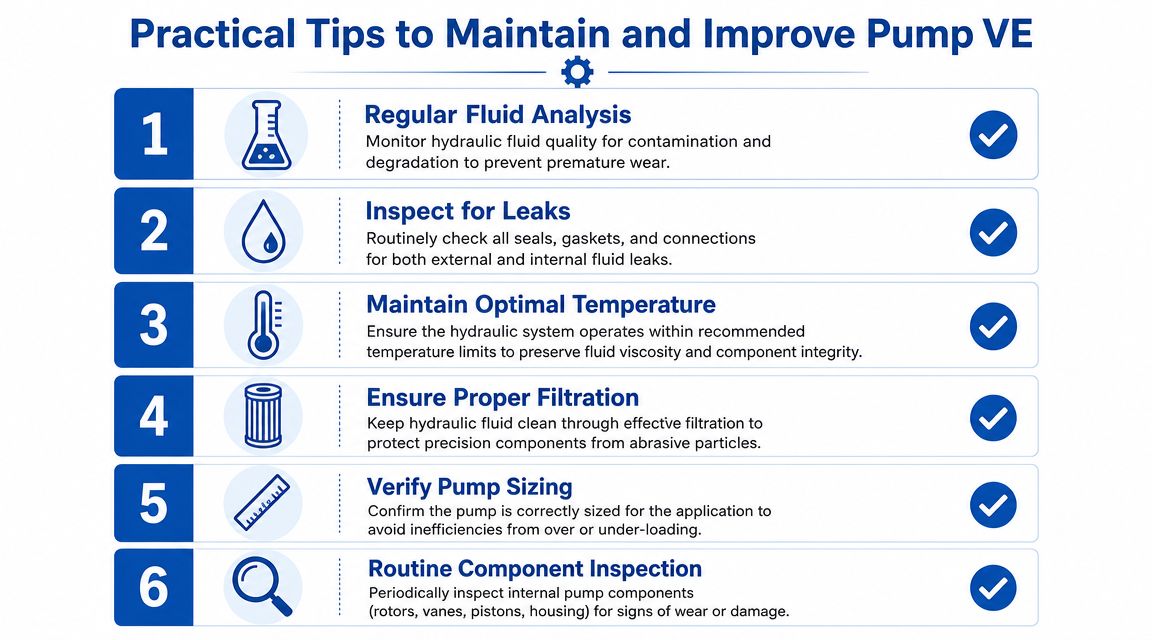 A list of six practical tips for maintaining and improving pump volumetric efficiency, presented as an infographic.