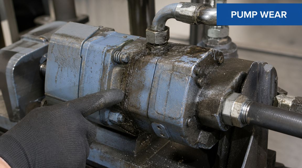 A gloved hand pointing at a leaking, worn-out industrial hydraulic pump showing signs of heavy grease accumulation.