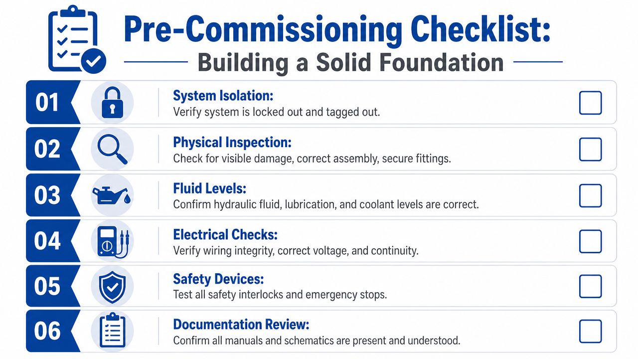 A six-step checklist for industrial pre-commissioning showing safety, inspection, fluid, electrical, and documentation verification tasks.