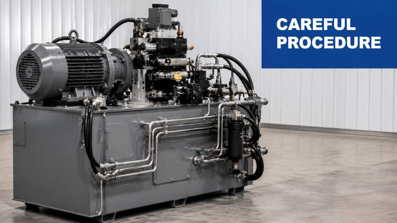 A close-up view of a large industrial hydraulic power unit resting on a concrete factory floor.