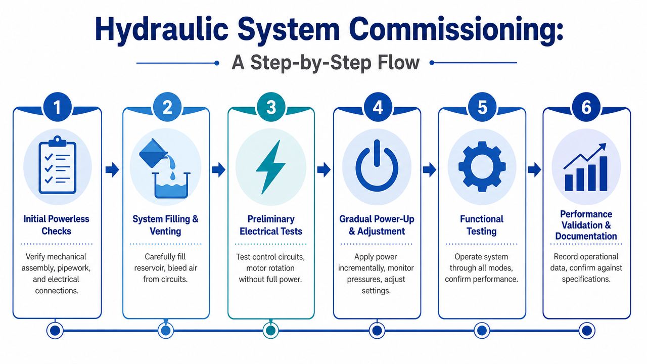 A six-step infographic detailing the step-by-step flow of hydraulic system commissioning for industrial engineering processes.