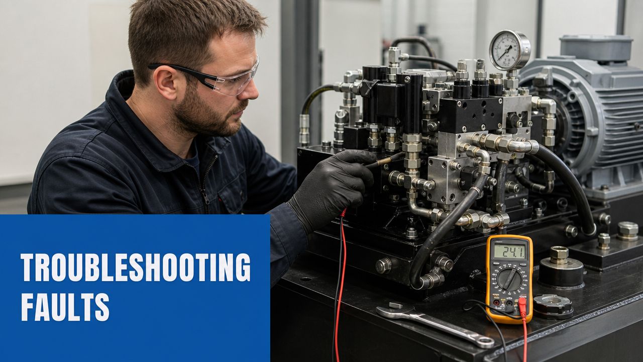 A maintenance technician in protective gear testing industrial hydraulic equipment with a digital multimeter.