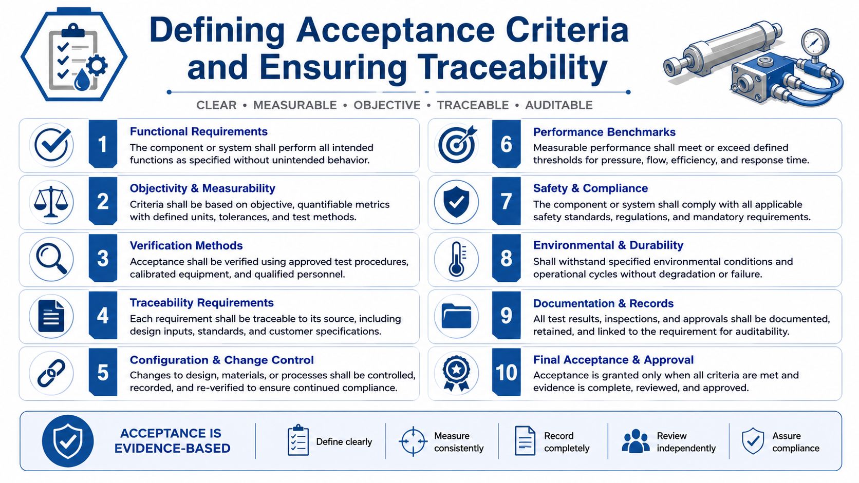 An infographic titled Defining Acceptance Criteria and Ensuring Traceability featuring ten numbered steps for engineering quality assurance.