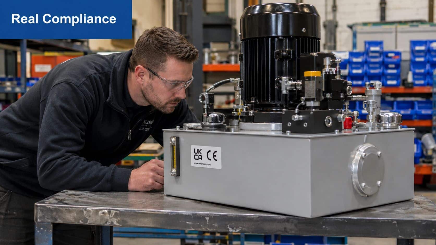 A technician wearing safety glasses inspecting industrial hydraulic equipment to ensure quality and safety compliance.