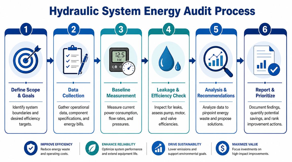 A six-step infographic illustrating the professional process for performing a hydraulic system energy audit and analysis.