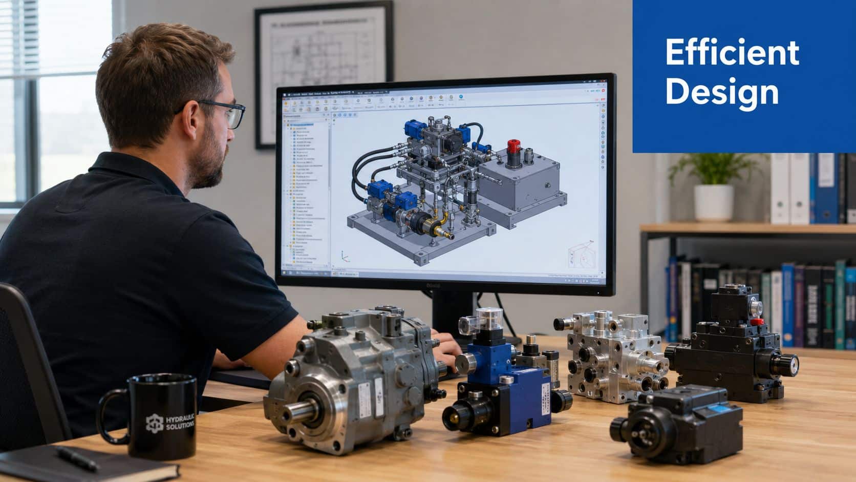 A professional hydraulic engineer designing complex mechanical systems using computer-aided design software in a modern office.