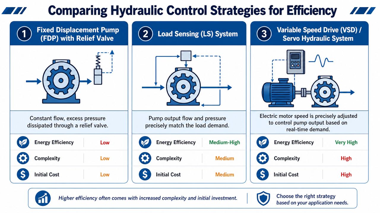 A comparison chart showing energy efficiency, complexity, and initial costs for three hydraulic control system strategies.