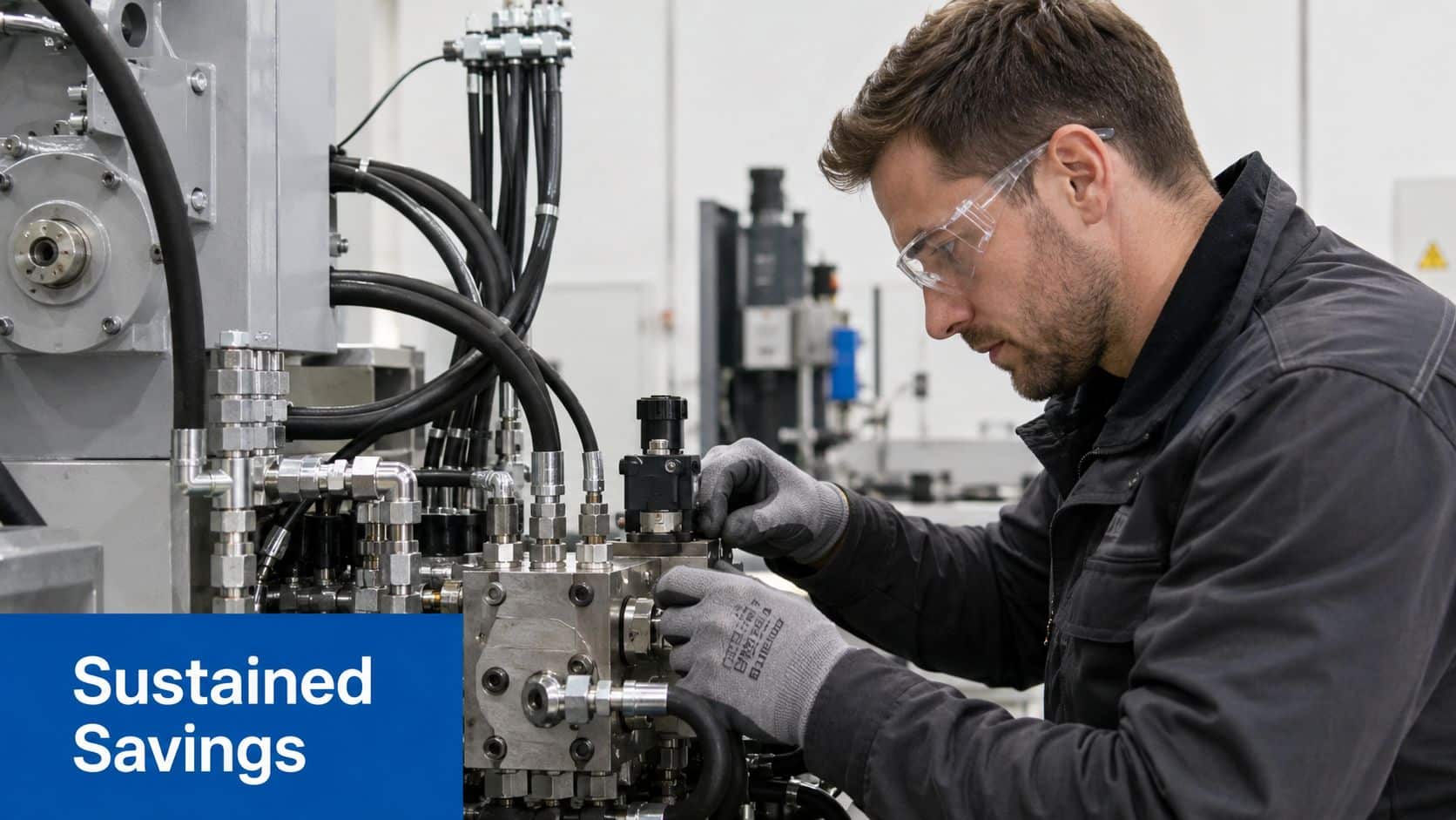 A male technician wearing safety goggles works on complex industrial machinery in a modern factory setting.