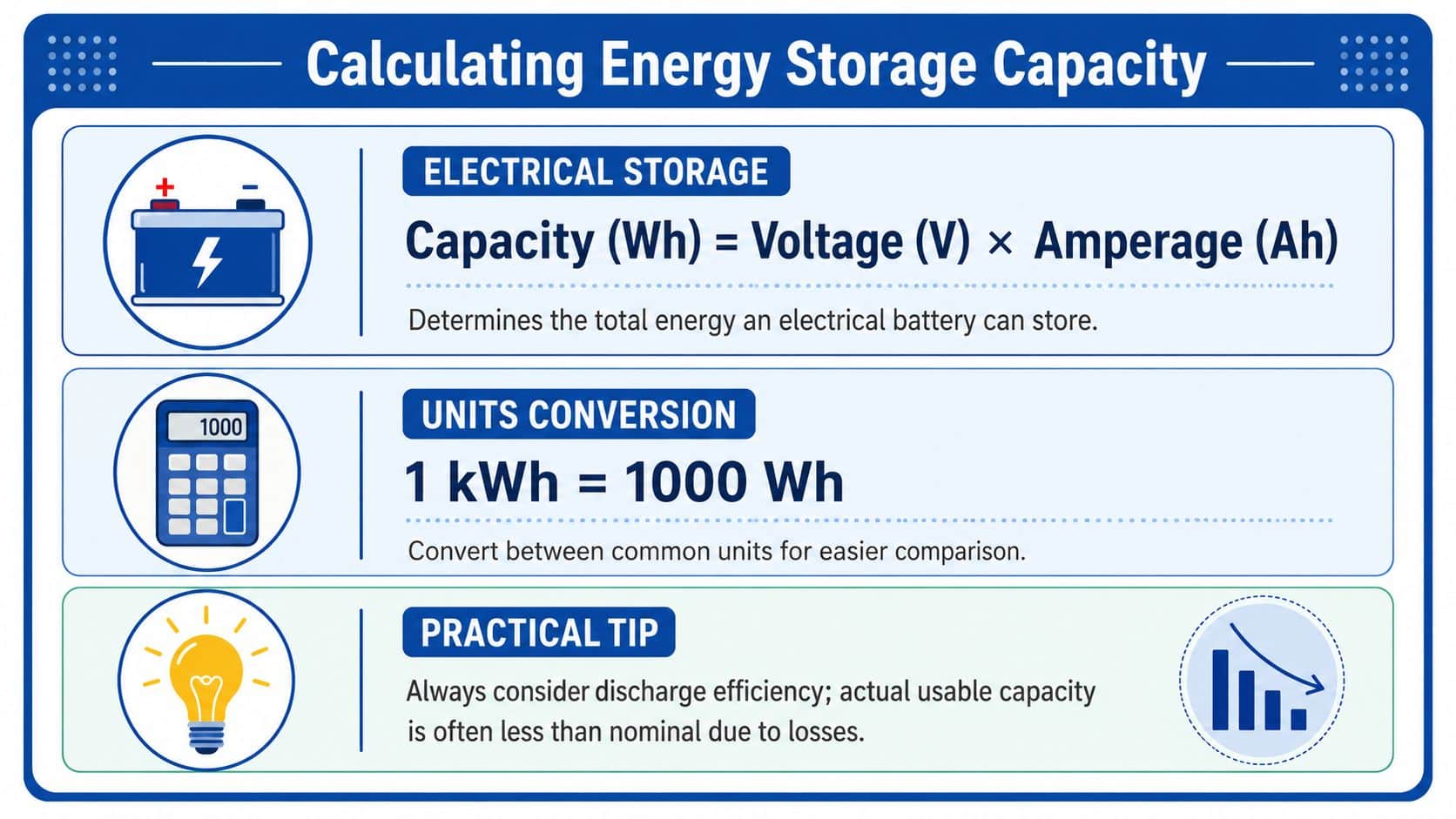 An infographic titled Calculating Energy Storage Capacity, illustrating battery math formulas, unit conversion, and practical tips.