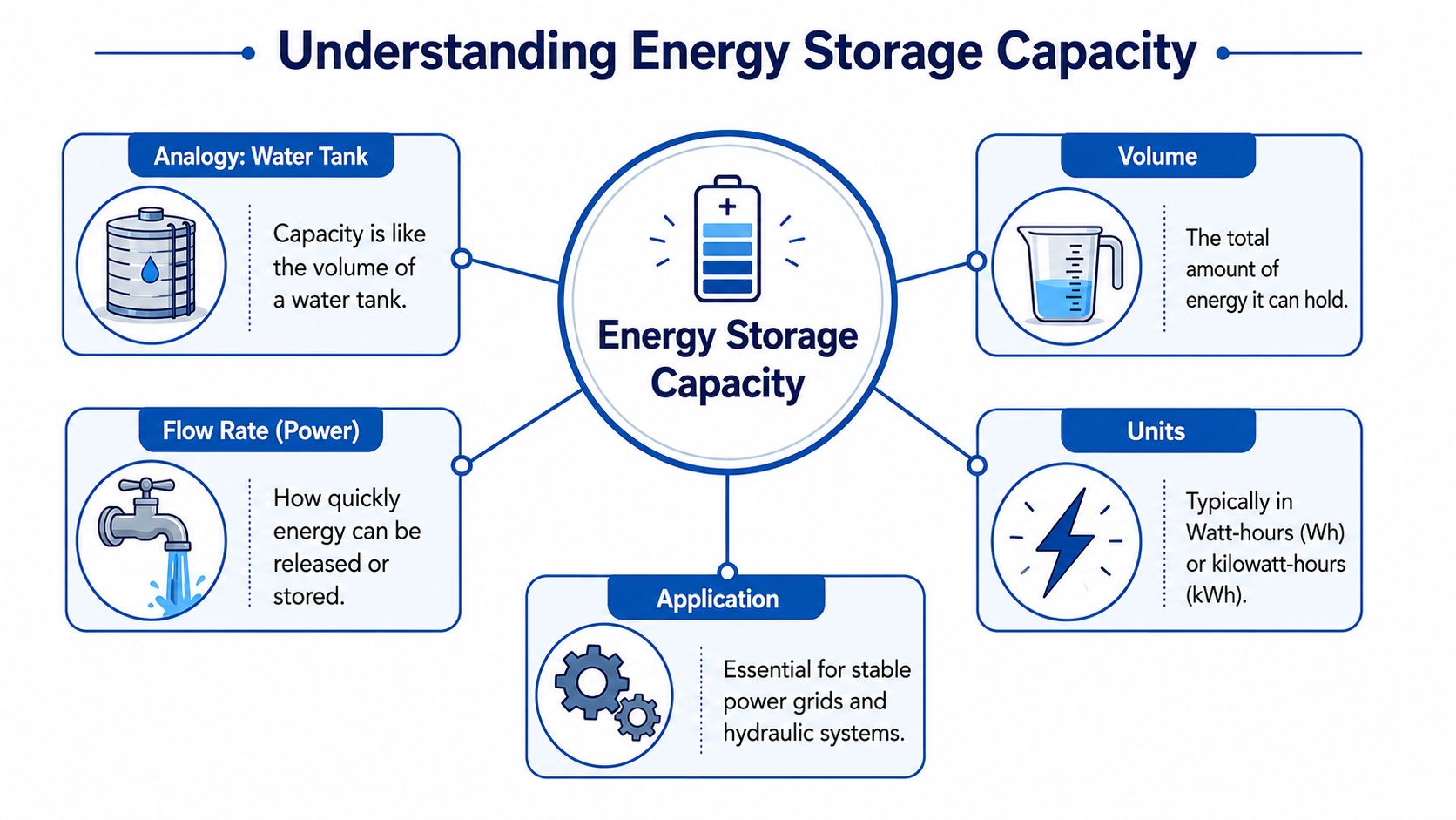 A diagram explaining energy storage capacity, featuring a water tank analogy, volume, units, power, and applications.