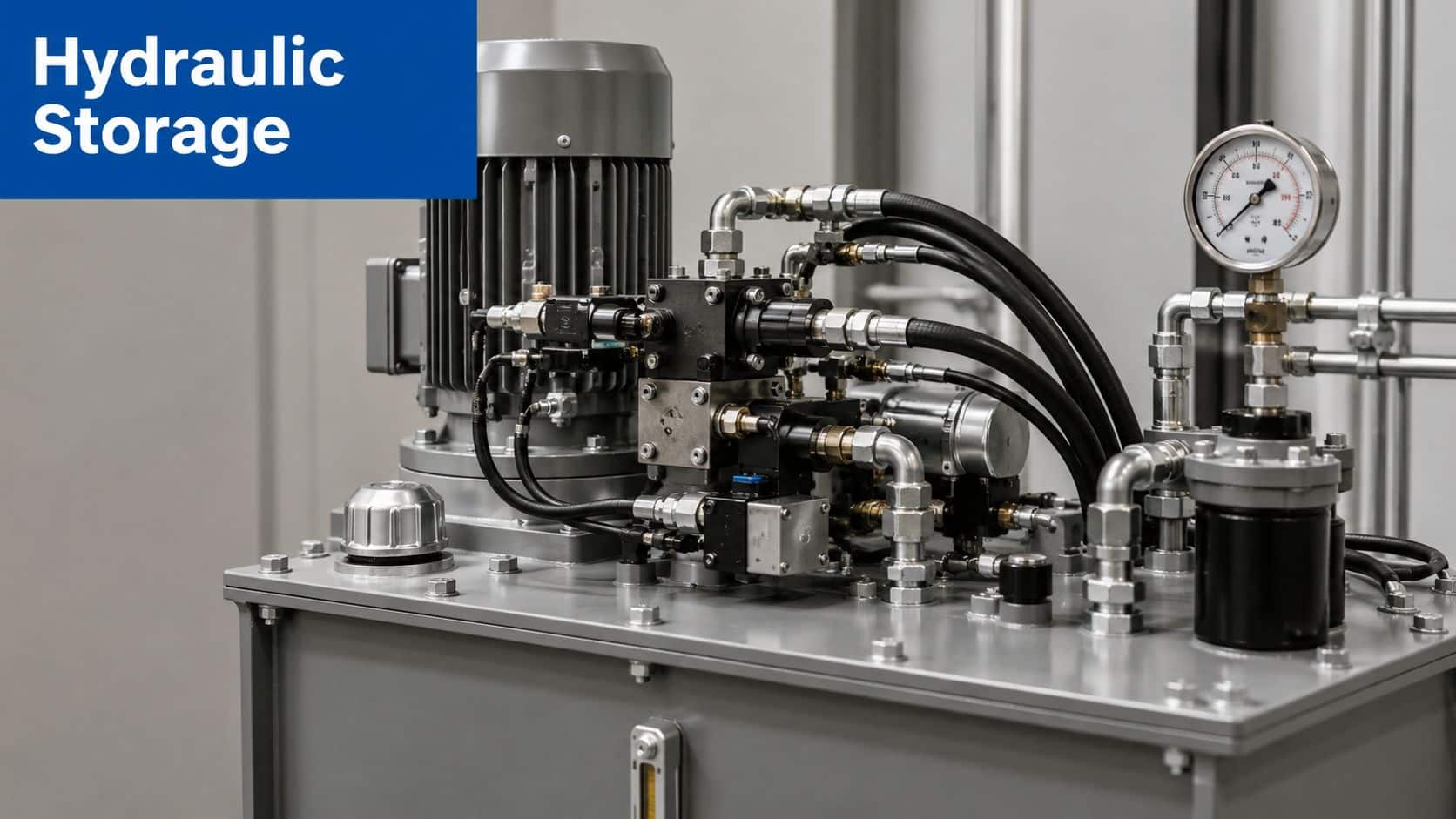A professional industrial hydraulic power unit with an electric motor, metal tank, and a pressure gauge.