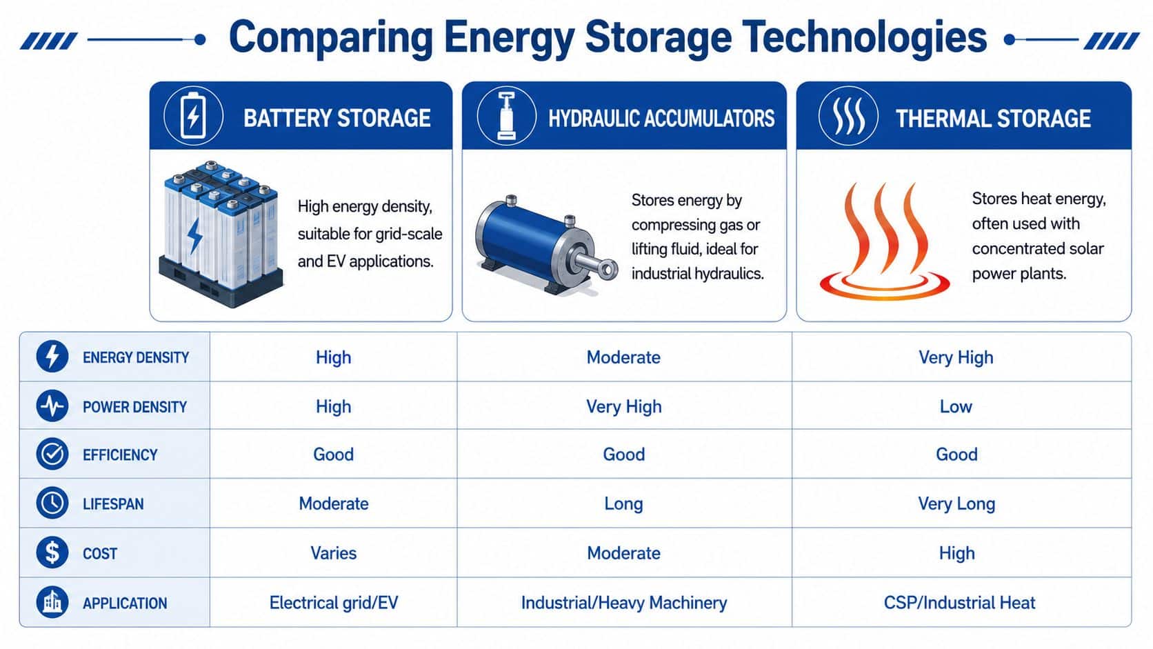 A comparison chart outlining the characteristics of battery storage, hydraulic accumulators, and thermal storage technologies.