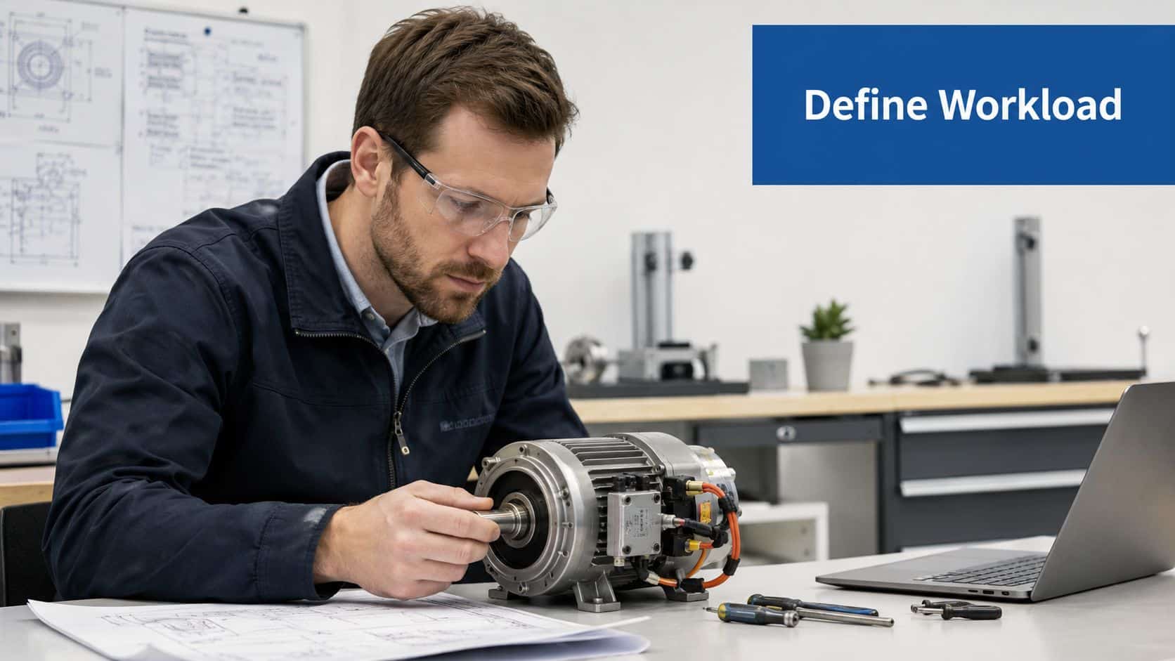 An engineer with safety glasses inspecting an electric motor while reviewing technical blueprints at a workstation.