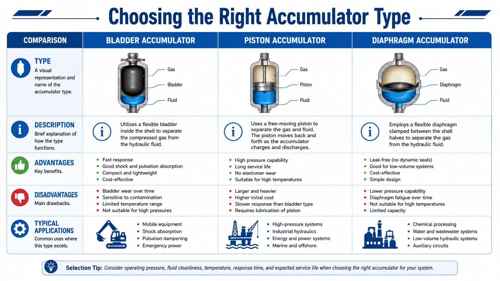 A comparison chart outlining the differences between bladder, piston, and diaphragm hydraulic accumulators for system design selection.