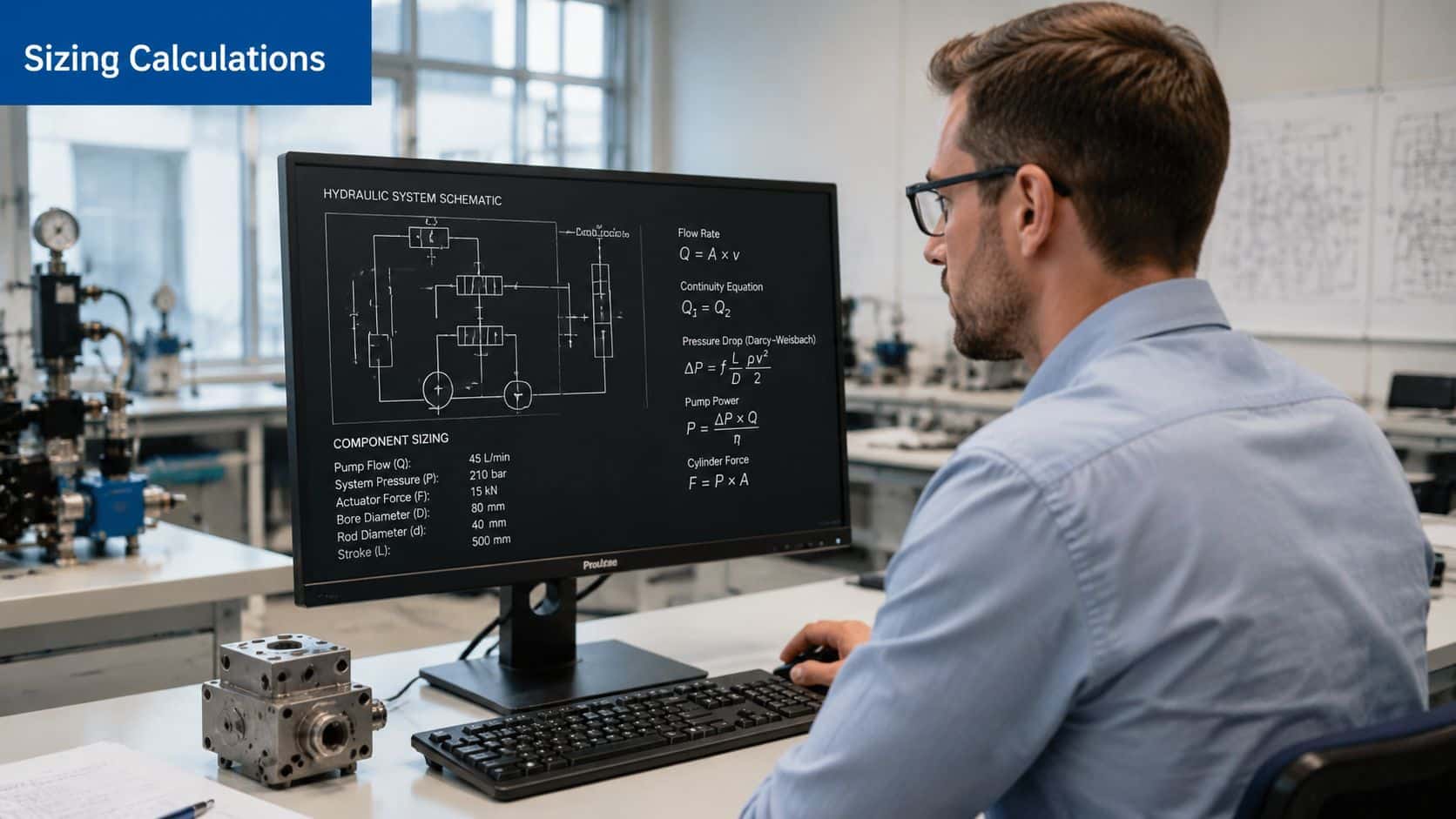 A professional engineer working on hydraulic system sizing calculations on a computer monitor in a lab.