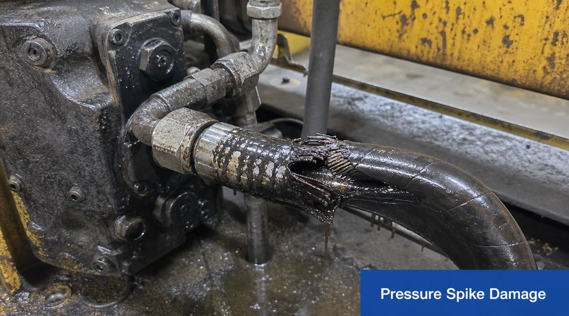 A ruptured industrial hydraulic hose showing significant external damage caused by a dangerous internal pressure spike.