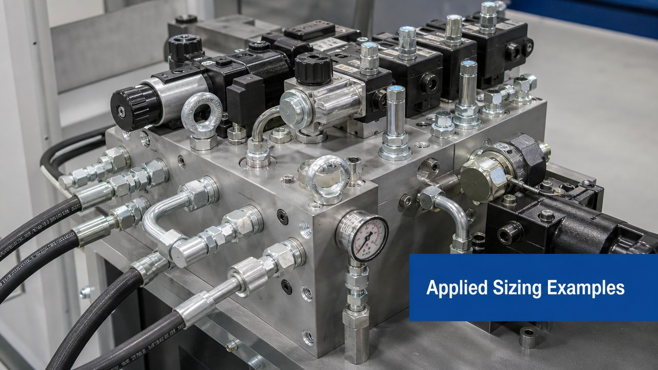 A close-up view of a complex hydraulic manifold block with various valves, fittings, and pressure gauges attached.