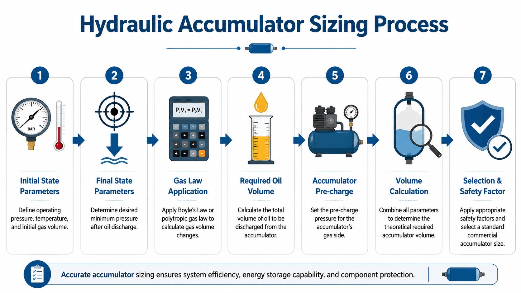A flowchart showing the seven-step process for sizing a hydraulic accumulator for industrial systems.