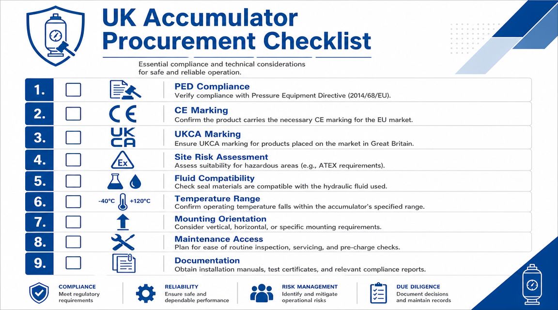 A comprehensive nine-point UK Accumulator Procurement Checklist for ensuring safe and reliable industrial hydraulic equipment compliance.