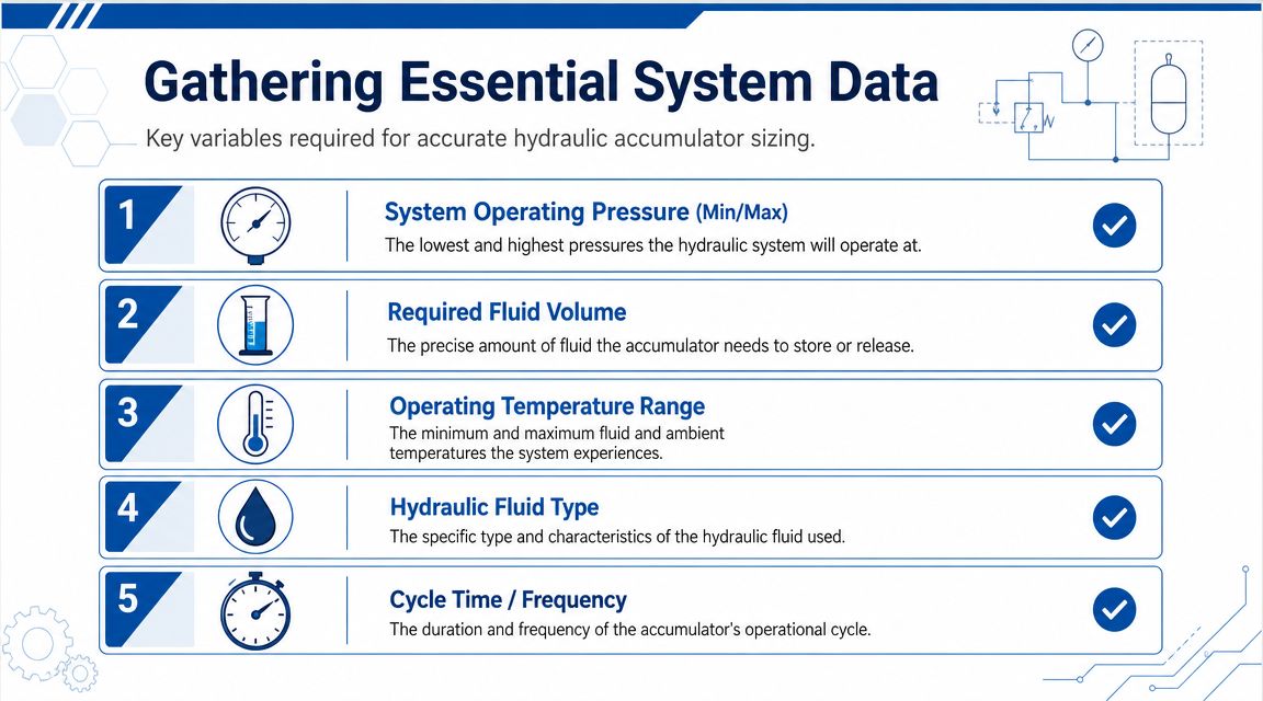 A list of five essential variables required for accurate hydraulic accumulator sizing, presented with icons and descriptions.