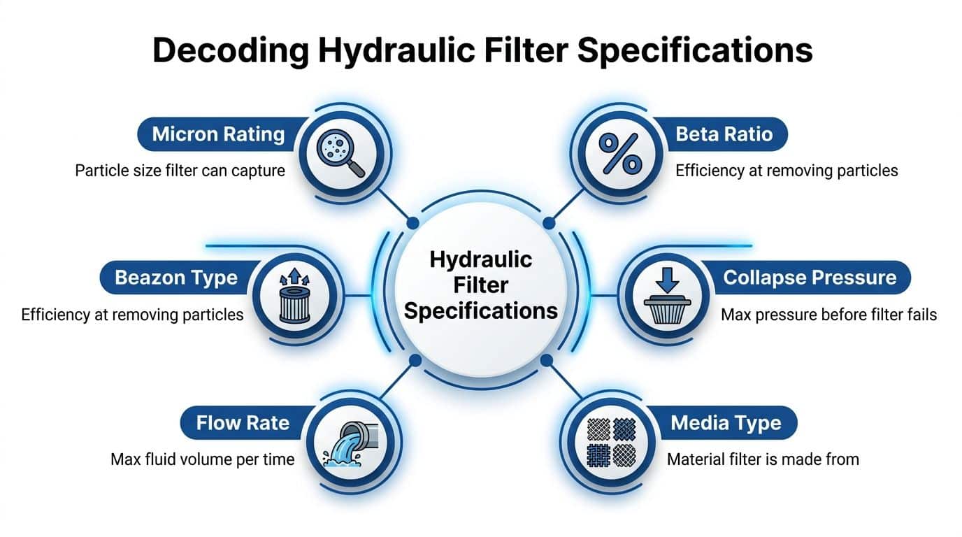 A diagram illustrating the six key technical specifications used to categorize and decode hydraulic filter capabilities.