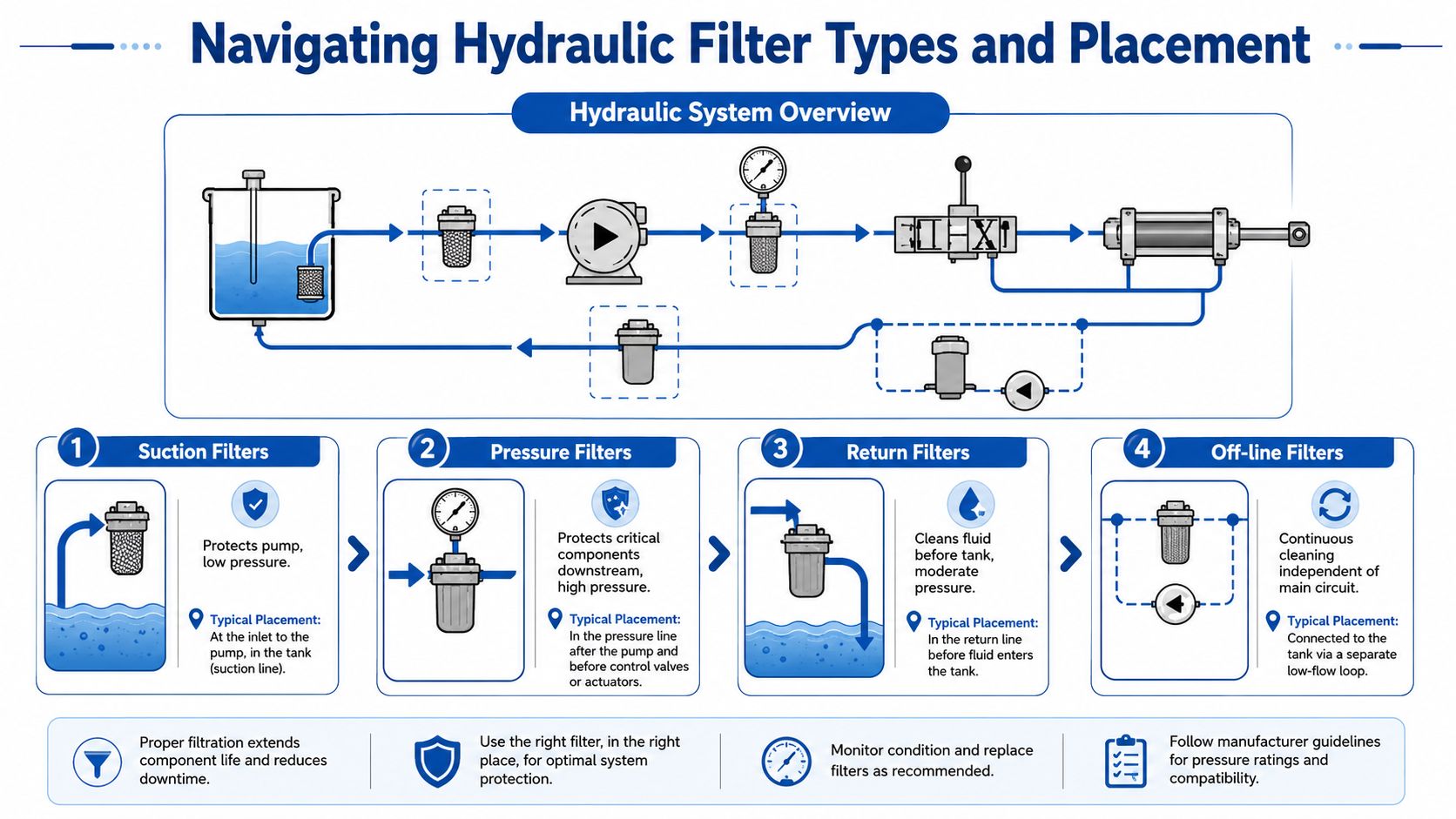 A diagram illustrating different types of hydraulic filters including suction, pressure, return, and off-line filters in a system.
