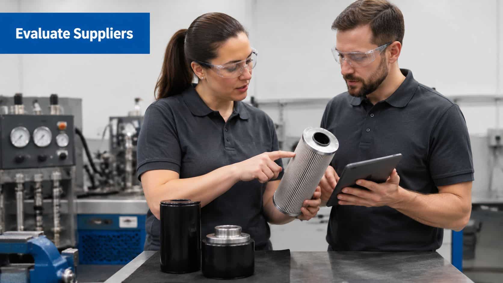 Two industrial technicians in safety glasses reviewing a hydraulic filter component and data on a digital tablet.