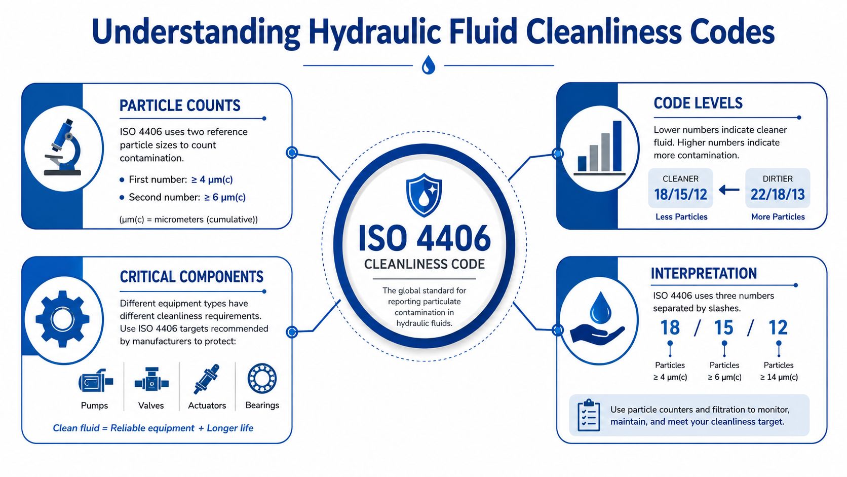 An infographic explaining the ISO 4406 standard for measuring particulate contamination levels in hydraulic fluids.