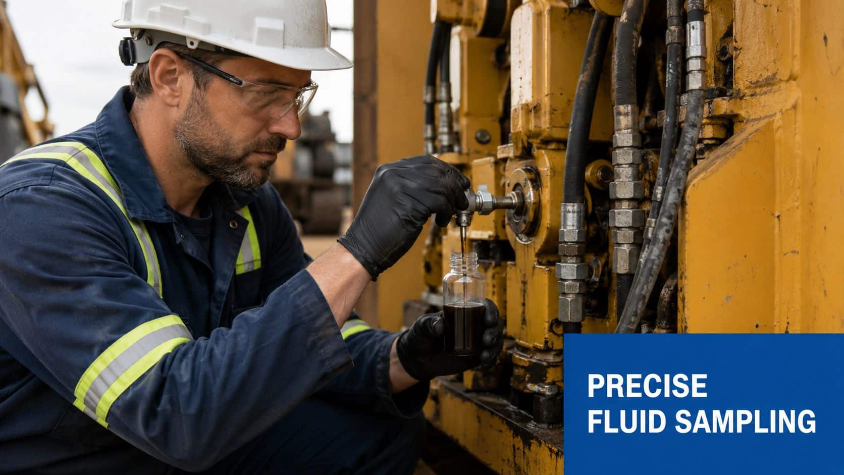A professional technician in protective gear takes a fluid sample from industrial heavy machinery equipment.