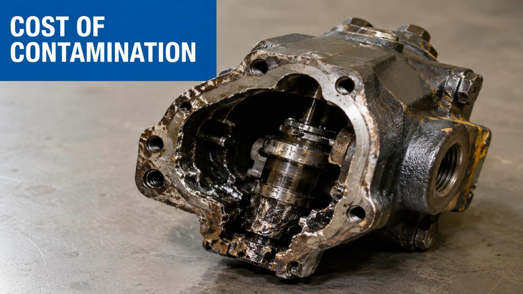 A close-up view of a severely damaged, contaminated hydraulic pump covered in thick sludge and grime.