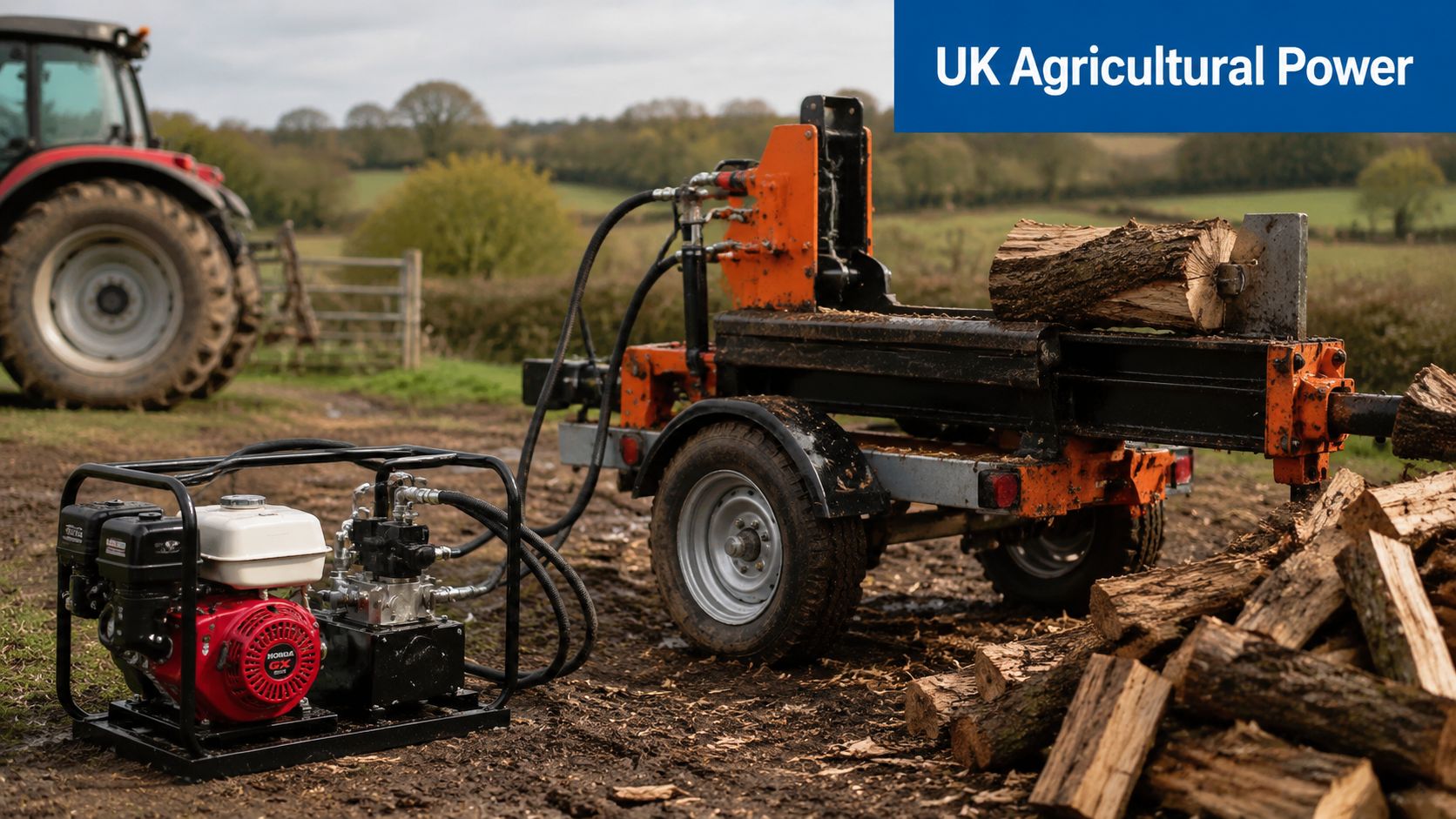 A portable hydraulic power pack with a Honda engine connected to a log splitter in a field.