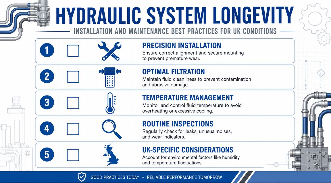 An infographic detailing five best practices for maintaining hydraulic system longevity in UK industrial environments.