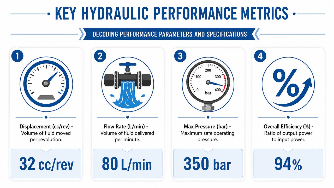 A diagram illustrating four key hydraulic performance metrics including displacement, flow rate, maximum pressure, and overall efficiency.