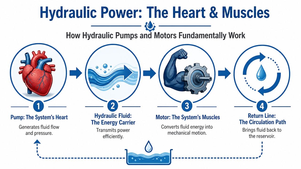 A diagram comparing hydraulic power systems to the human circulatory system, showing pump, fluid, motor, and reservoir.