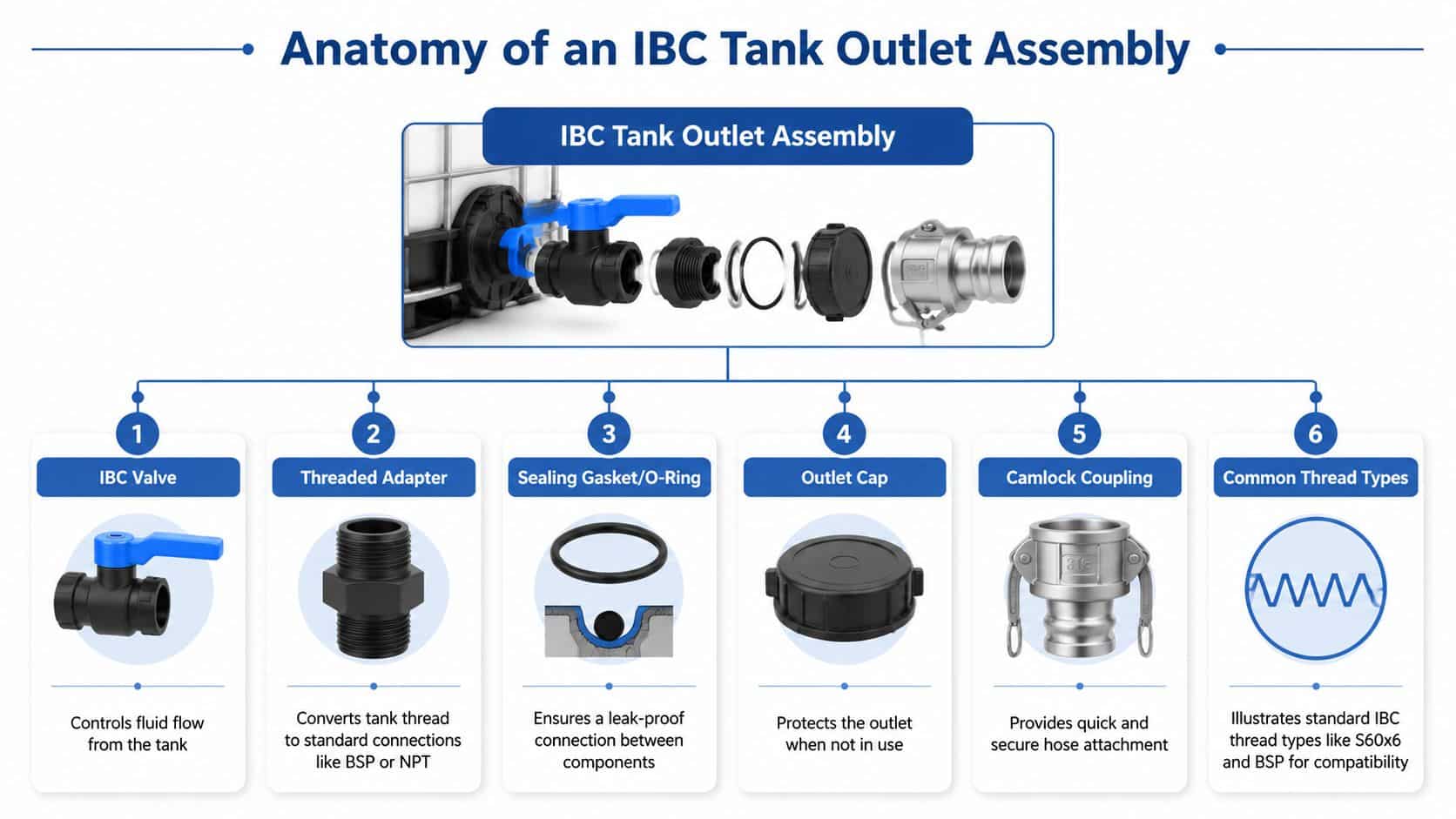 An infographic showing the components of an IBC tank outlet assembly including valve, adapter, gasket, cap, and coupling.