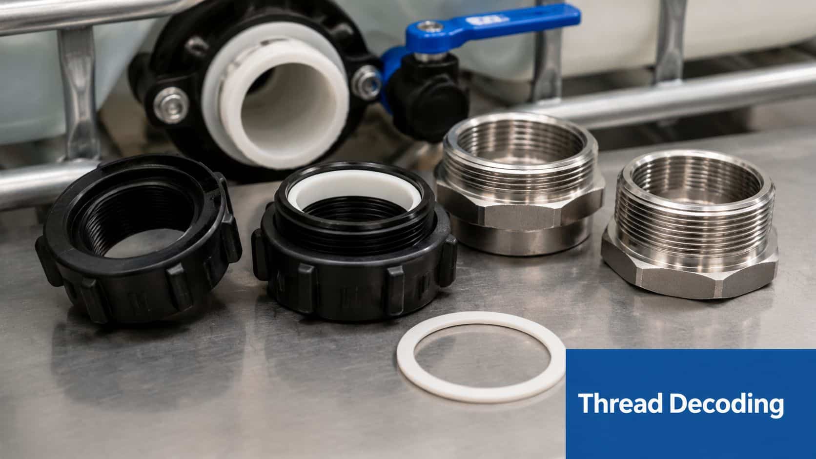 Various metal and plastic industrial IBC tank adapters and threaded pipe fittings arranged on a metal workbench.