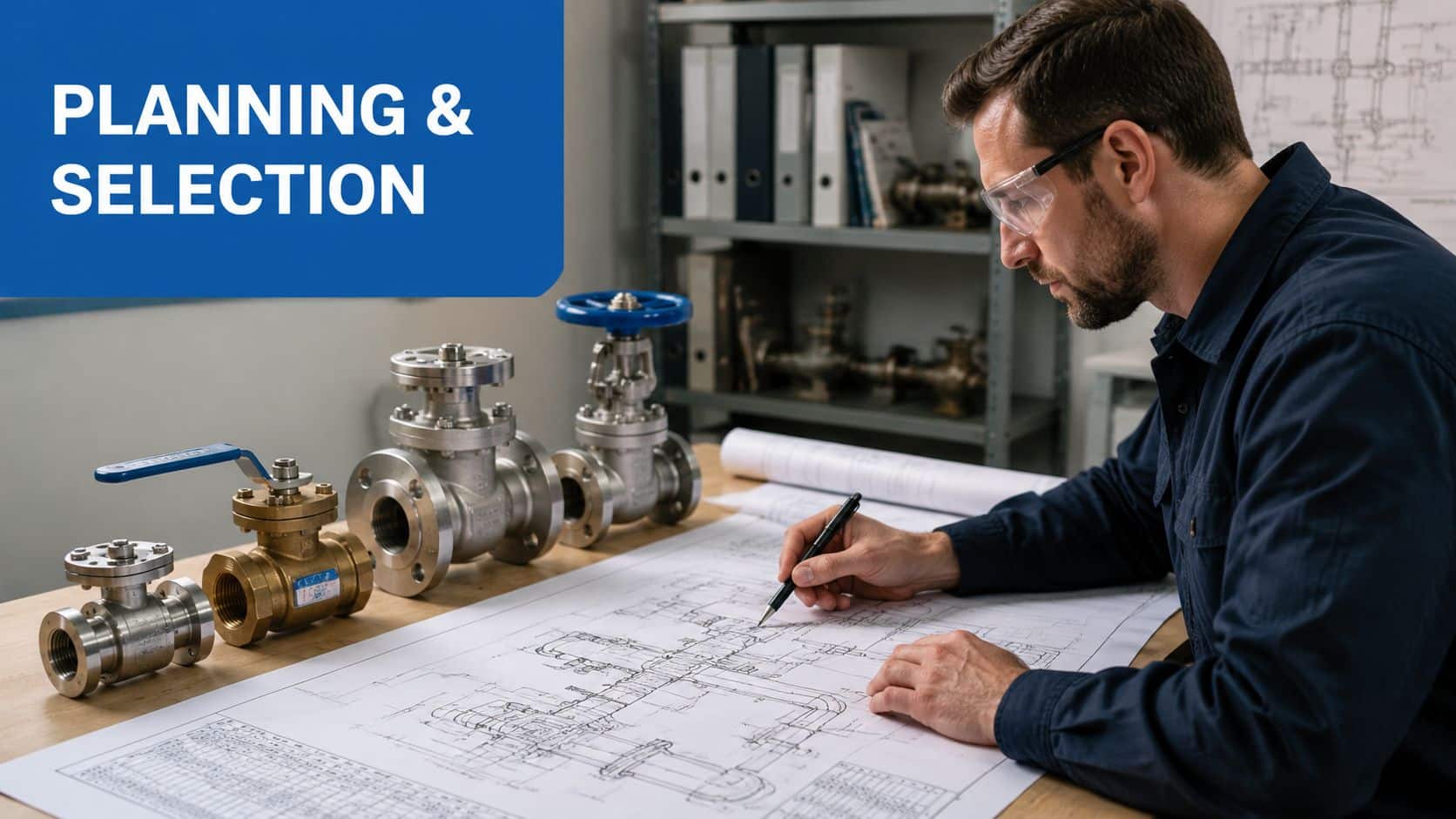 An engineer with safety glasses reviews technical blueprints for industrial valve systems in a professional office setting.