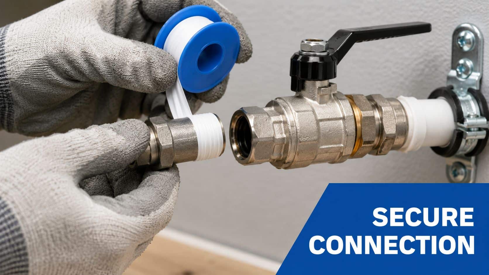 A gloved hand wrapping white PTFE thread seal tape around a metal plumbing fitting for leak prevention.