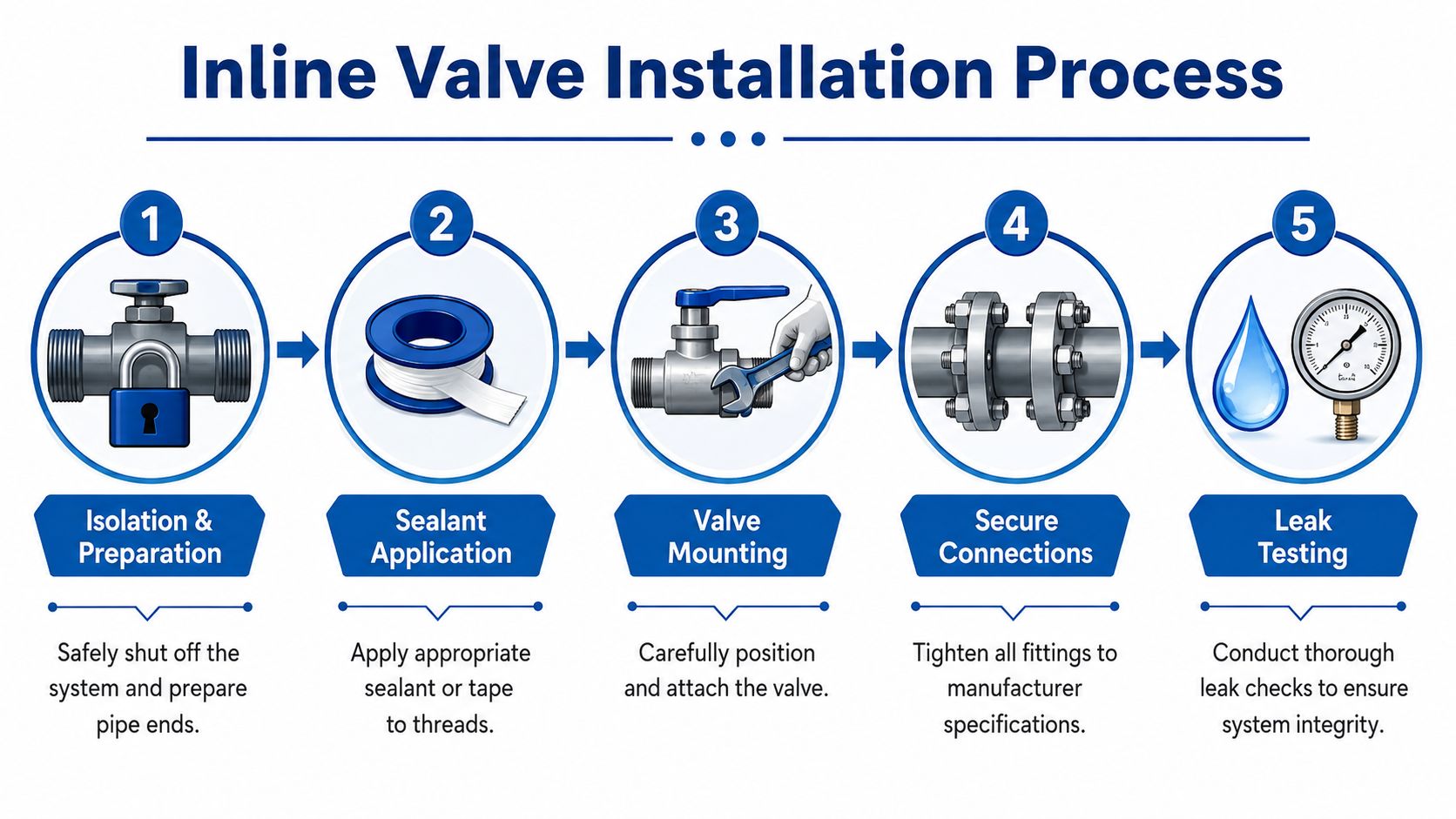 A five-step infographic illustration outlining the process of installing an inline valve into a piping system.