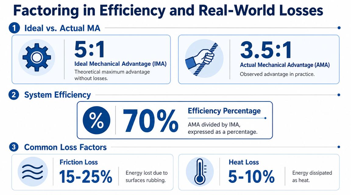 An infographic showing mechanical advantage calculations with system efficiency percentages and common energy loss factors.