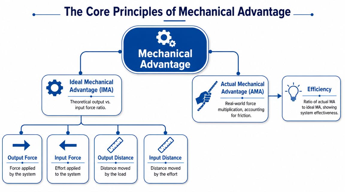A diagram outlining the core principles of mechanical advantage, including ideal mechanical advantage, actual mechanical advantage, and efficiency.