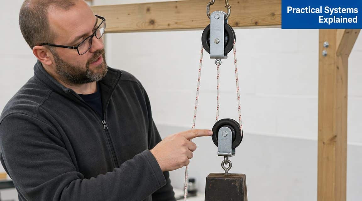 A man pointing at a pulley system demonstrating the concept of mechanical advantage for weight lifting.