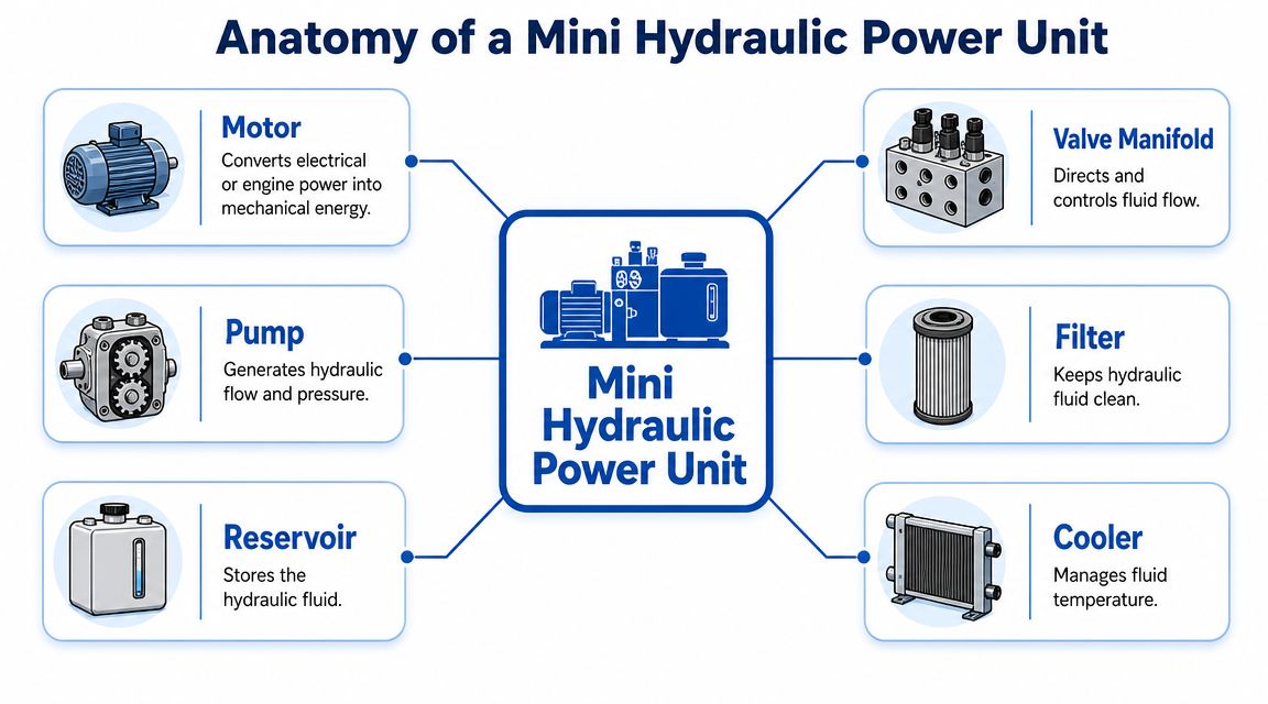 A diagram illustrating the key components of a mini hydraulic power unit, including labels and descriptions.
