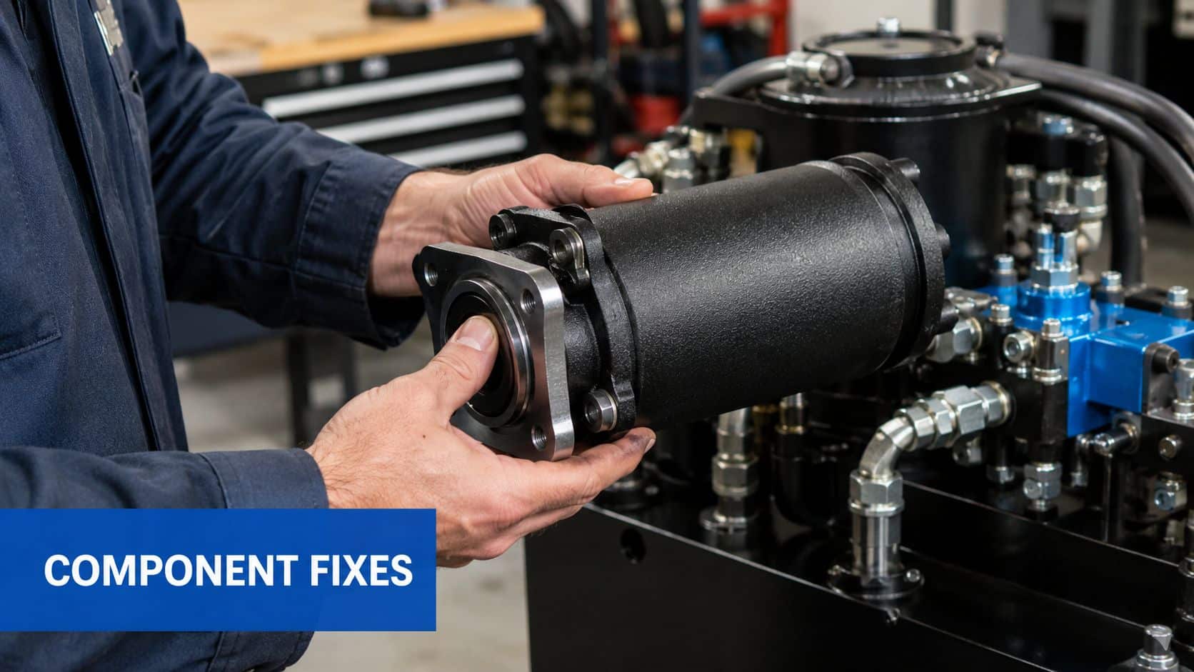 A technician holds a black hydraulic motor component while performing maintenance on an industrial machine.