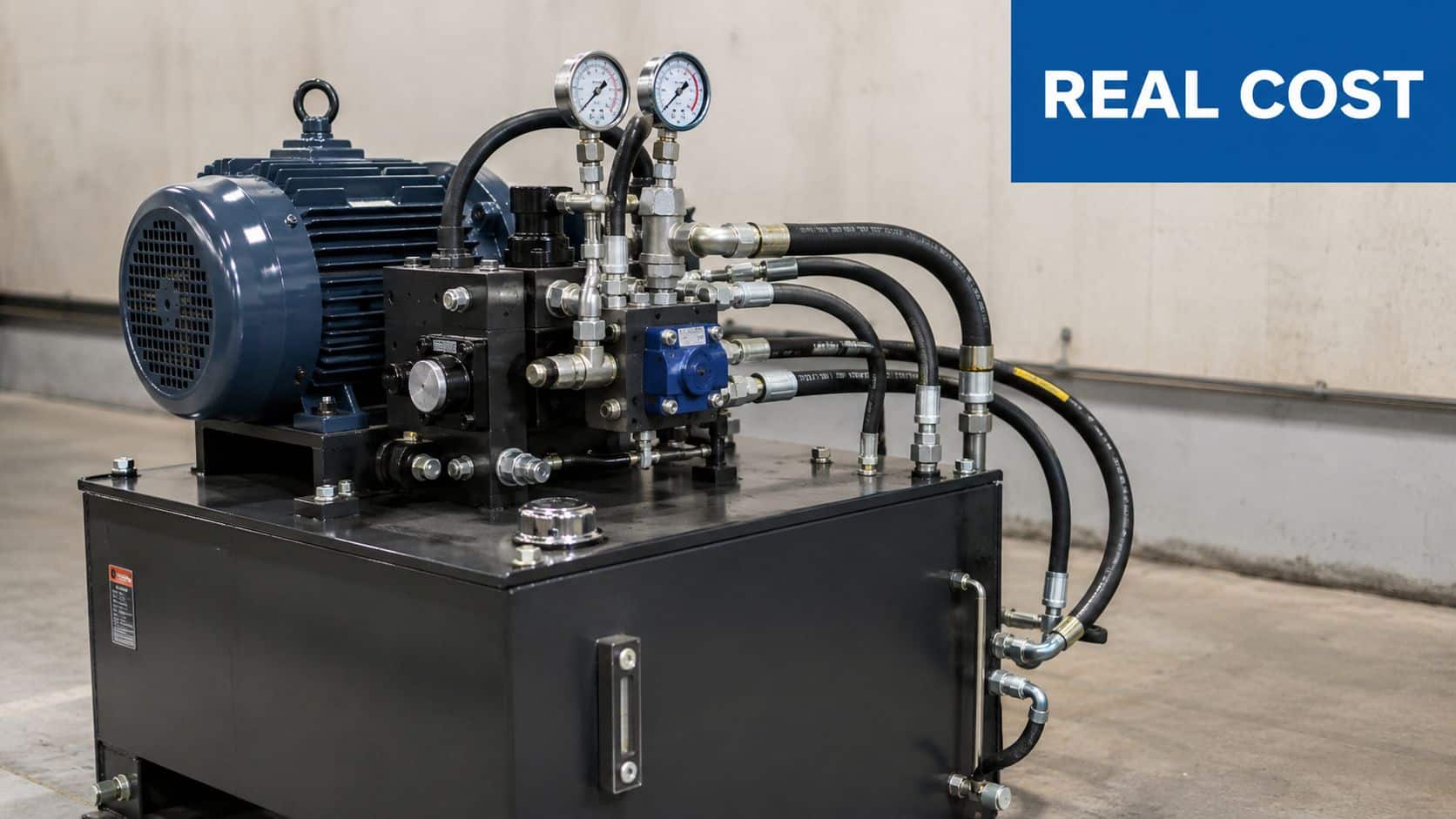 A powerful blue industrial hydraulic power unit mounted on a black steel fluid reservoir in a factory.