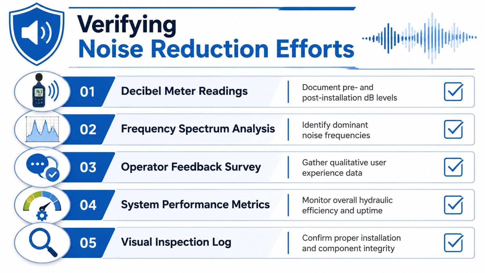 A professional infographic listing five key steps for verifying noise reduction efforts in an industrial environment.