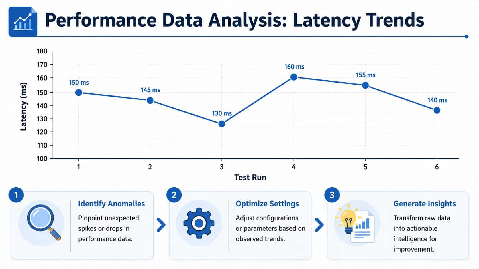 Line chart showing latency trends over six test runs alongside a three-step performance data analysis process.