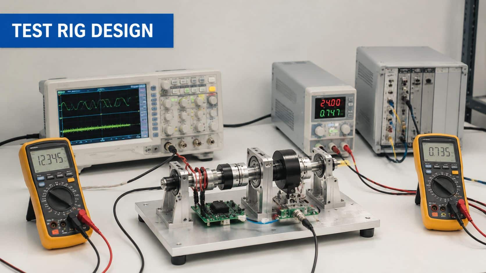 A professional test rig setup featuring electronic measurement instruments, sensors, and a rotary mechanical component.