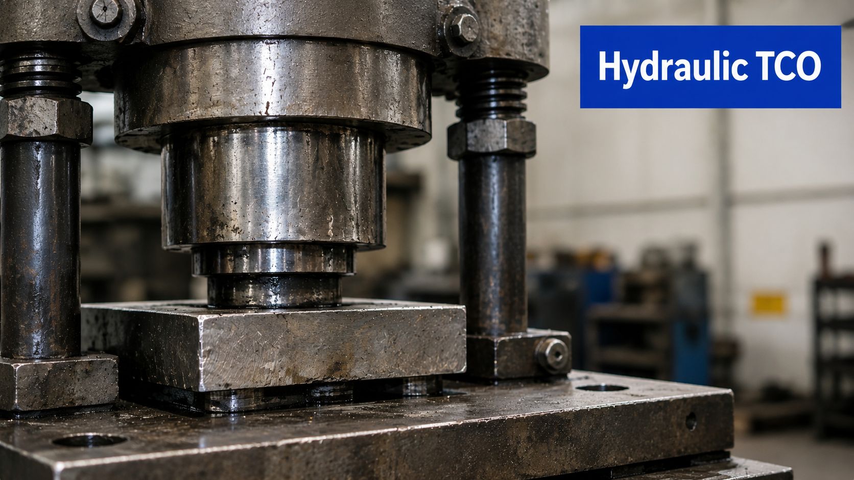 A close-up view of a heavy industrial hydraulic press machine operating in a manufacturing workshop.